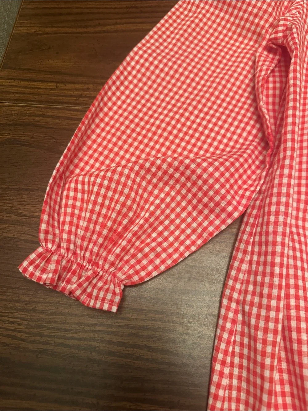Girls red and white Gingham Long-Sleeve Dress with Lace Collar